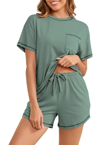 Namatime Schlafanzug Damen Kurz Pyjama Set Baumwolle Shorty Nachtwäsche Sommer Loungewear Kurzarm T-Shirt und Pyjamahose Hellgrün XXL von Namatime