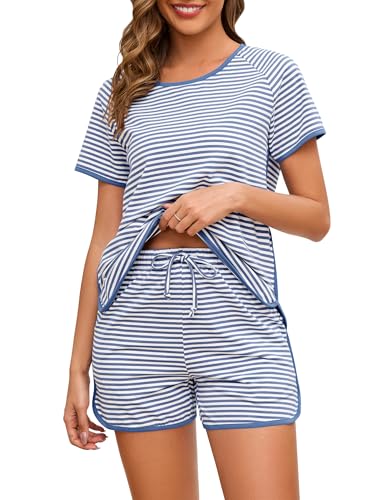 Namatime Schlafanzug Damen Kurz Pyjama Sommer Nachtwäsche Rundhals T-Shirt und Pyjamahose mit Taschen Freizeit Hausanzug Sleepwear Blau XXL von Namatime