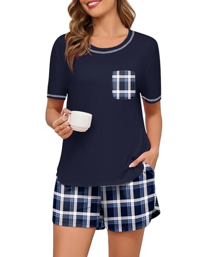 Namatime Schlafanzug Damen Kurz Pyjama Sommer Nachtwäsche Shorty Hausanzug Zweiteiliger Kurzarm Loungewear mit Taschen Blau + Weiß kariert L von Namatime