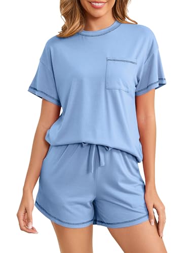 Namatime Schlafanzug Damen Kurz Pyjama Sommer Shorty Nachtwäsche mit Taschen Zweiteiliger Loungewear Set Kurzarm Hausanzug Hellblau L von Namatime