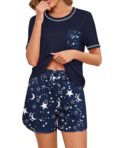 Namatime Schlafanzug Damen Kurz Shorty Pyjama Baumwolle Sleepwear Sommer Nachtwäsch Rundhals Shirt und Pyjamahose mit Elastischer Bund Marineblau Stern M von Namatime