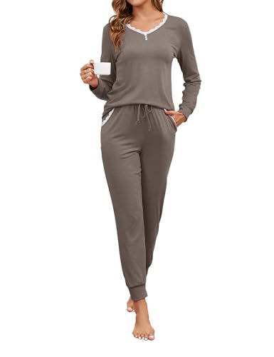 Namatime Schlafanzug Damen Lang Baumwolle Pyjama Set Zweiteiliger Nachtwäsche V-Ausschnitt Sleepwear Winter Loungewear mit Taschen Kaffee Grau L von Namatime