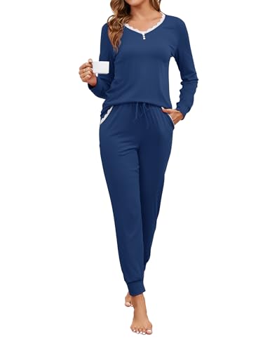 Namatime Schlafanzug Damen Lang Baumwolle Pyjama Set Zweiteiliger Nachtwäsche V-Ausschnitt Sleepwear Winter Loungewear mit Taschen Marineblau XXL von Namatime