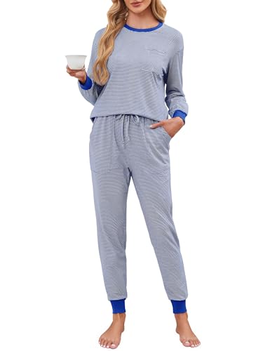 Namatime Schlafanzug Damen Lang Baumwolle Pyjama Set Zweiteiliger Nachtwäsche Weich Streifen Sleepwear Blau L von Namatime