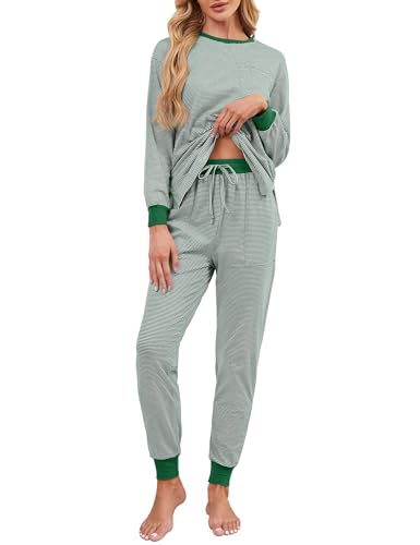 Namatime Schlafanzug Damen Lang Baumwolle Pyjama Winter Rundhals Nachtwäsche Langarmshirts und Pyjamahose Grün XXL von Namatime