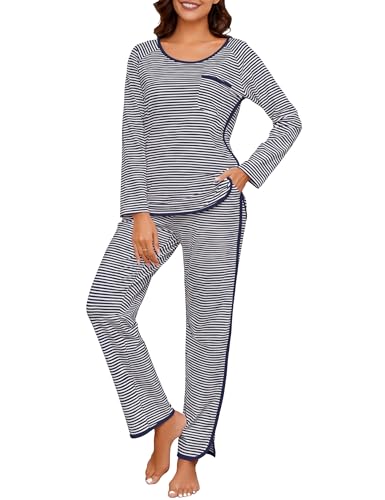 Namatime Schlafanzug Damen Lang Pyjama Baumwolle Langarm Nachtwäsche mit Schlafanzughose Warm Loungewear für Herbst Winter Marine+Weiß XL von Namatime