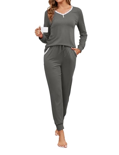 Namatime Schlafanzug Damen Lang Pyjama Baumwolle Zweiteiliger Nachtwäsche mit Spitze Pyjama Set Wram Sleepwear und Pyjamahose für Winter Dunkelgrau XL von Namatime