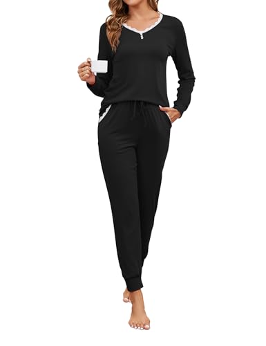 Namatime Schlafanzug Damen Lang Pyjama Baumwolle Zweiteiliger Nachtwäsche mit Spitze Pyjama Set Wram Sleepwear und Pyjamahose für Winter Schwarz XL von Namatime