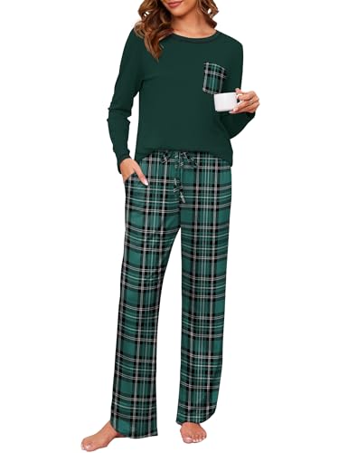 Namatime Schlafanzug Damen Lang Pyjama Damen Baumwolle Kariert Schlafanzüg Loungewear Winter Langarm Nachtwäsche mit Taschen Grün + Schwarz Kariert L von Namatime