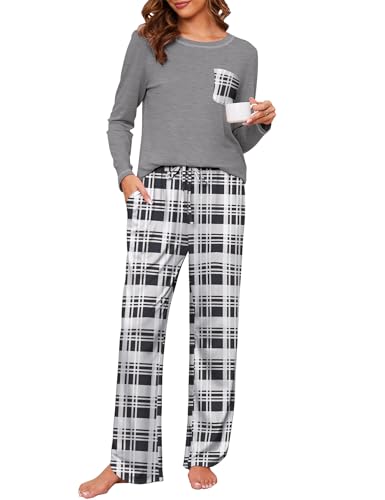 Namatime Kariert Schlafanzug Damen Lang Pyjama Damen Baumwolle Schlafanzüg Loungewear Winter Langarm Nachtwäsche mit Taschen Schwarz + Weiß kariert M von Namatime