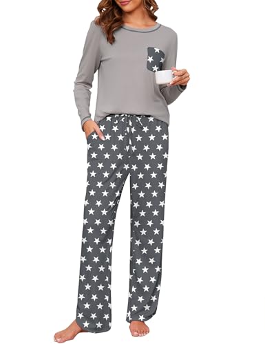 Namatime Schlafanzug Damen Lang Pyjama Damen Baumwolle Print Schlafanzüg Loungewear Winter Langarm Nachtwäsche mit Taschen Grau Stern L von Namatime
