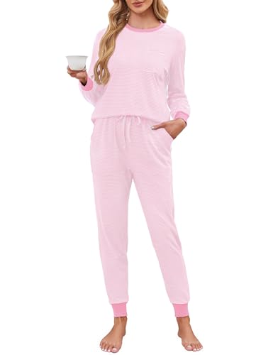 Namatime Schlafanzug Damen Lang Pyjama Set Baumwolle Winter Nachtwäsche Kuschelig Loungewear mit Taschen Rosa L von Namatime