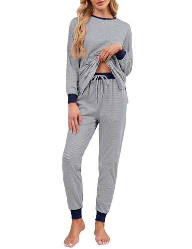 Namatime Schlafanzug Damen Lang Pyjama Set Baumwolle Zweiteiliger Nachtwäsche Winter Loungewear mit Taschen Marineblau L von Namatime