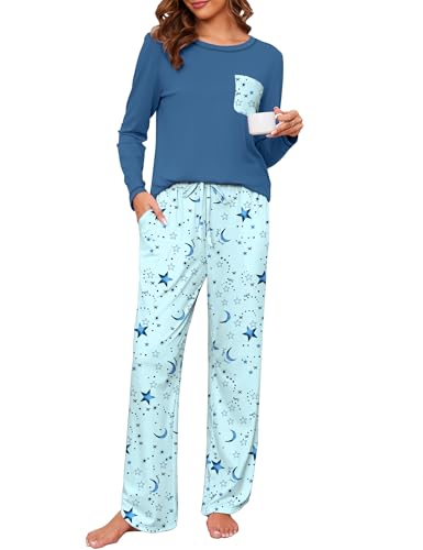 Namatime Schlafanzug Damen Lang Baumwolle Pyjama Damen Kariert Schlafanzüg Loungewear Winter Langarm Nachtwäsche mit Taschen Blau Stern XXL von Namatime