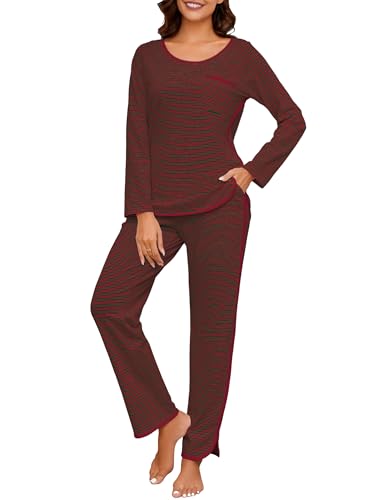 Namatime Schlafanzug Damen Lang Weihnachtspyjama Set Winter Baumwolle Langarm Rundausschnitt Zweiteiliger Teenager Loungewear Weihnachten Schlafanzug Grün+Rot XL von Namatime