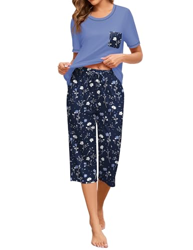 Namatime Schlafanzug Damen Pyjama Kurz Sommer Nachtwäsche Rundhals Oberteil und 3/4 Hose 2 Stück Baumwolle Sleepwear Blau Floral M von Namatime