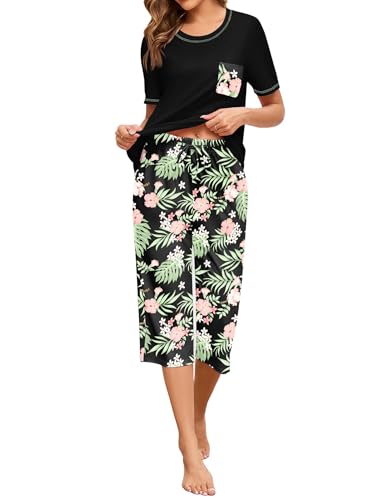 Namatime Schlafanzug Damen Pyjama Kurz Sommer Nachtwäsche Rundhals Oberteil und 3/4 Hose 2 Stück Baumwolle Sleepwear Schwarz Floral M von Namatime