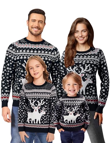 Namatime Weihnachten Pullover Herren Weihnachtspullover Familie Set Warme Strickpullover mit Rentiermuster Und Schneeflocke Lustig Christmas Sweater Herren-Schwarz XL von Namatime