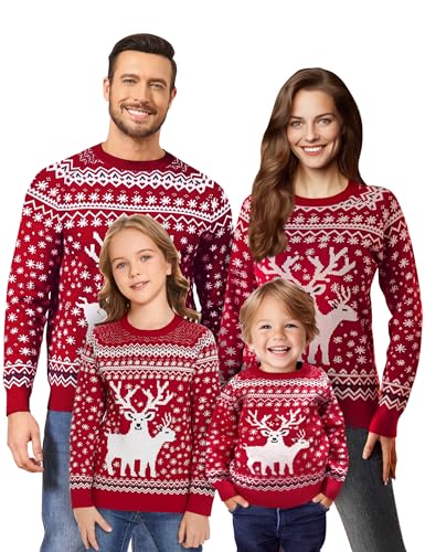 Namatime Weihnachten Pullover Kinder Junge Weihnachtspullover Familie Set Warme Strickpullover mit Rentiermuster Und Schneeflocke Lustig Christmas Sweater Kind-Rot 6 Jahre von Namatime