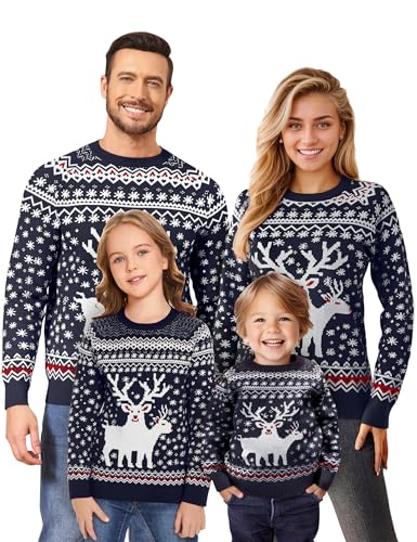 Namatime Weihnachtspullover Damen Lustig Weihnachtspulli Ugly Christmas Sweater Rundhals Strickpullover mit Reindeer Unisex Weihnachts Pullover Familie Set Damen-Marineblau XXL von Namatime