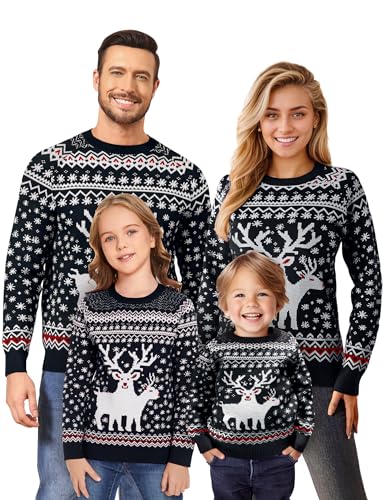 Namatime Weihnachtspullover Damen Rundhals Strickpullover Weihnachten Pullover Partnerlook Reindeer Christmas Sweater Unisex Familie Set Damen-Schwarz L von Namatime