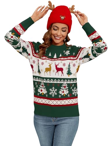 Namatime Weihnachtspullover Damen Ugly Christmas Sweater Weihnachtspulli Familie Set Weihnachten Pullover Partnerlook Strickpullover mit Reindeer Schneeflocke Grün-Weihnachtsbaum L von Namatime