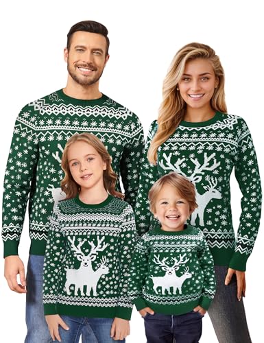 Namatime Weihnachtspullover Kinder Lustig Weihnachtspulli Ugly Christmas Sweater Rundhals Strickpullover mit Reindeer Unisex Weihnachts Pullover Familie Set Kind-Grün 6 Jahre von Namatime