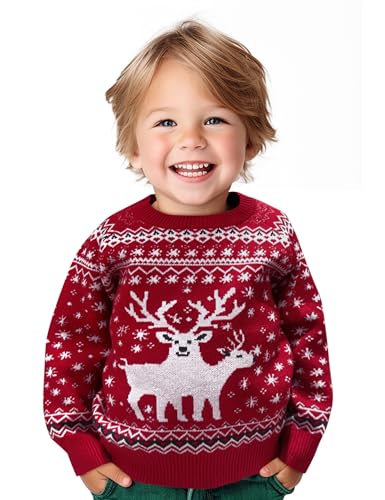 Namatime Weihnachtspullover Kinder Lustig Weihnachtspulli Ugly Christmas Sweater Rundhals Strickpullover mit Reindeer Unisex Weihnachts Pullover Familie Set Kind-Rot 8 Jahre von Namatime