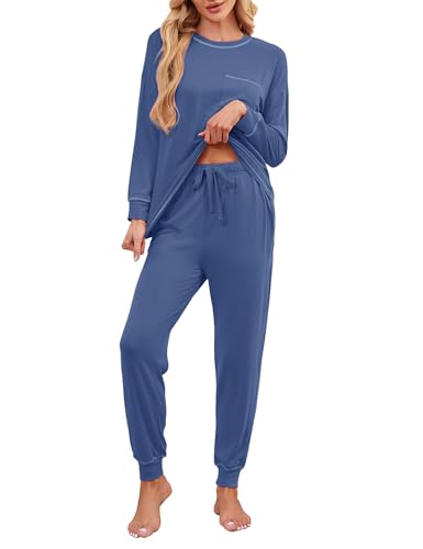 Namtime Schlafanzug Damen Baumwolle Pyjama Lang Zweiteiliger Nachtwäsche Rundhalsausschnitt Loungewear Set Winter Hausanzug Marineblau M von Namatime