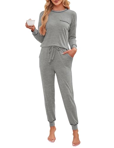 Namtime Schlafanzug Damen Lang Baumwolle Pyjama Set Winter Zweiteiliger Nachtwäsche Langarmshirt und Pyjamahose mit Taschen Grau XXL von Namatime