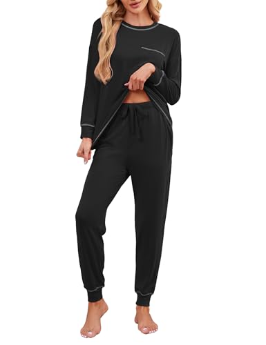 Namtime Schlafanzug Damen Lang Baumwolle Pyjama Set Winter Zweiteiliger Nachtwäsche Langarmshirt und Pyjamahose mit Taschen Schwarz XXL von Namatime