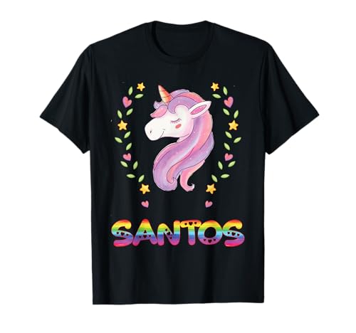 Name Gifts By Lnz Santos Name Einhorn-Themed Damen-T-Shirt Schwarz V-Ausschnitt Kurzarm S EU 16 von Name Gifts By Lnz