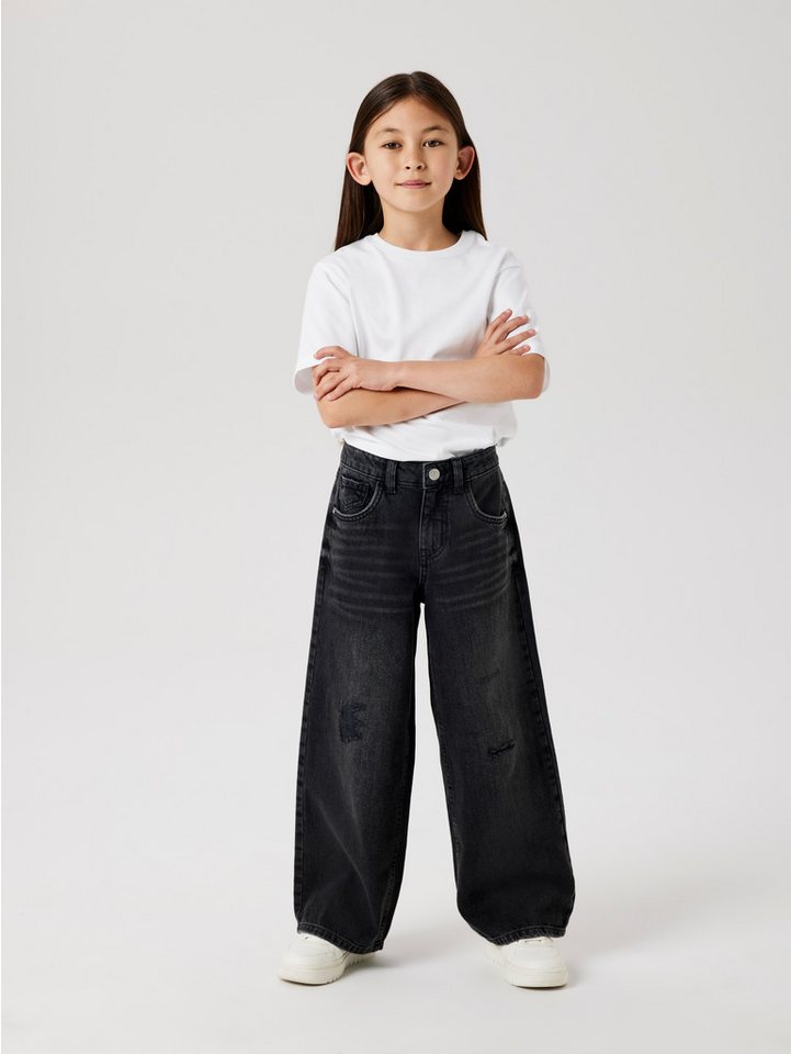 Name It 5-Pocket-Jeans NKFROSE für Mädchen mit Destroyed-Effekt und hohem Bund normal, Denim, Abriebeffekte, Reißverschluss von Name It