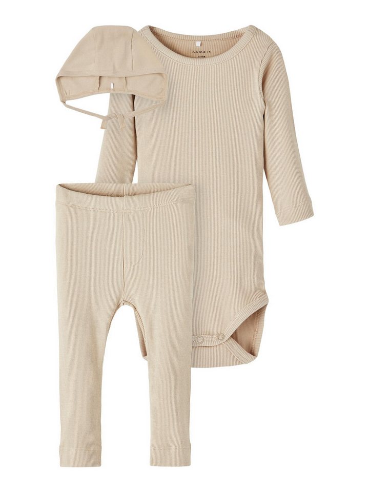 Name It Langarmbody Name It Baby Unsiex 3-teiliges Set Body, Hose und Mütze Humus-86 von Name It