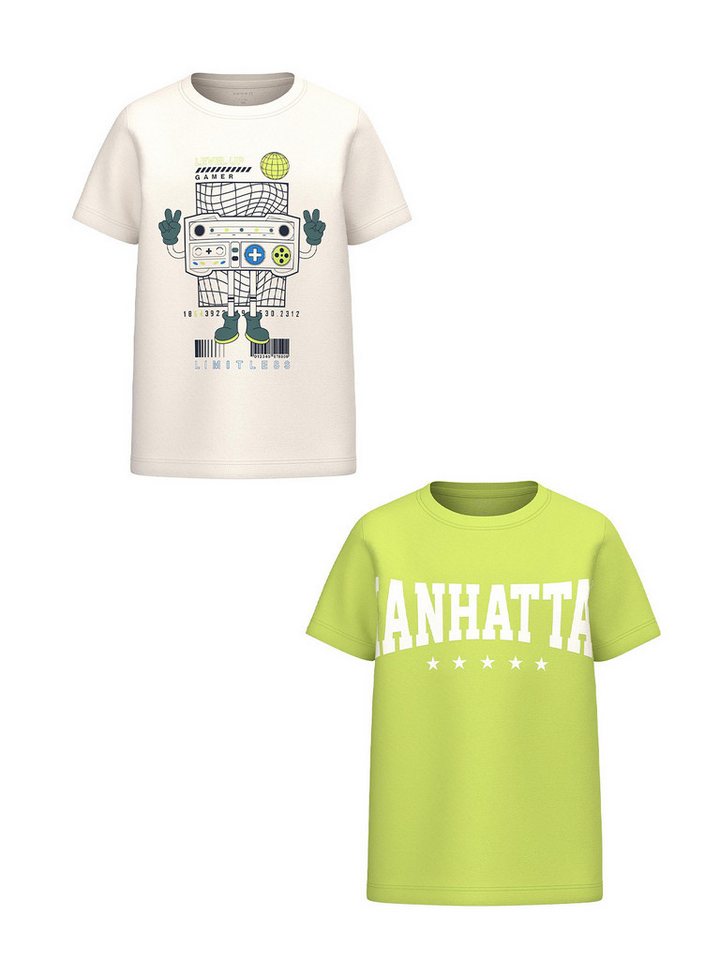Name It T-Shirt T-Shirt 2er-Set Kurzarm Rundhals Regular Fit Print (2-tlg) NKMBERTE SS TOP PB von Name It