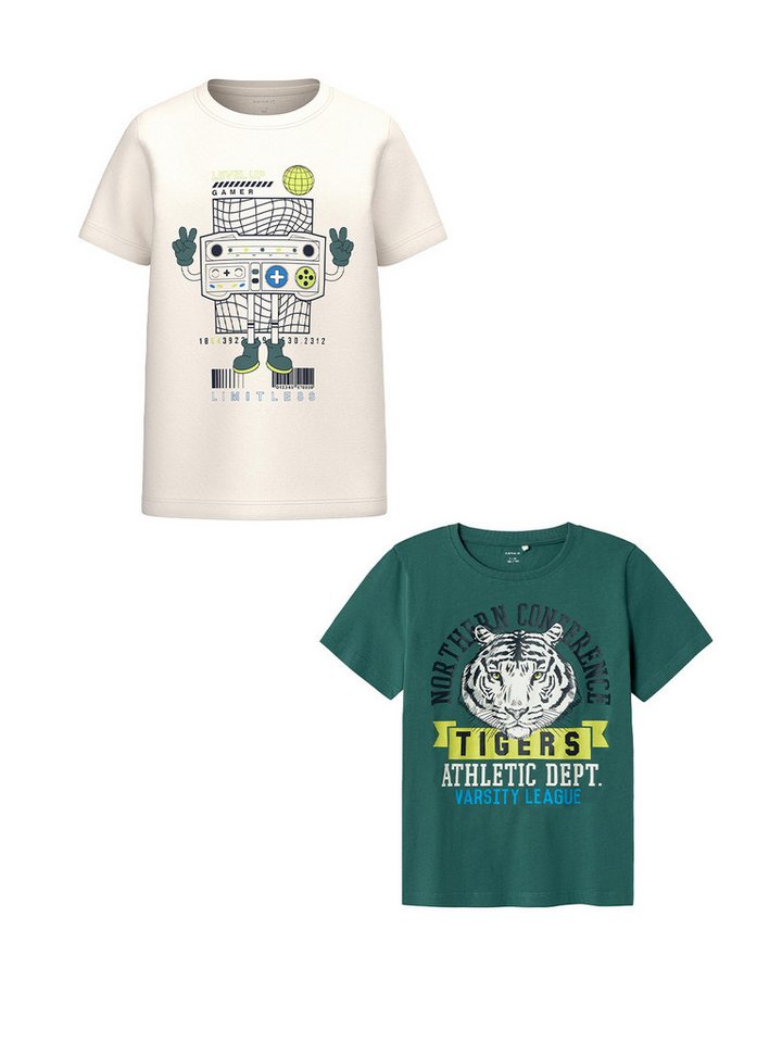 Name It T-Shirt 2er-Set Kurzarm Rundhals Regular Fit Print (2-tlg) NKMBERTE SS TOP PB von Name It