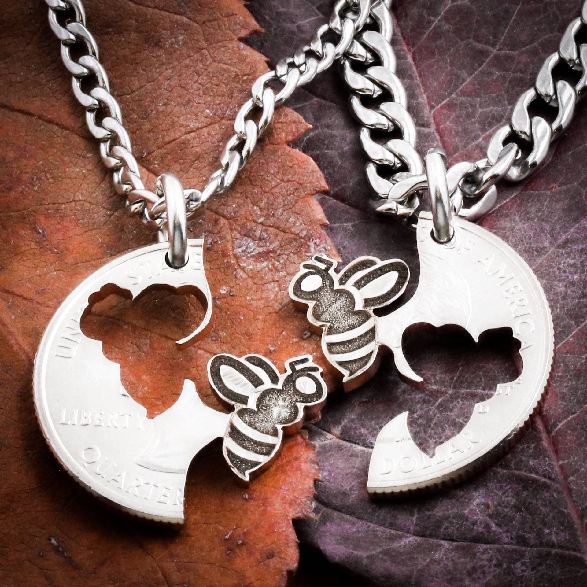 Biene Beste Freunde Halsketten, Bumble Bee Schmuck, Bff Geschenke, Freundschaft Und Beziehung Geschenk, Langstrecken, Hand Cut Münze von NameCoins