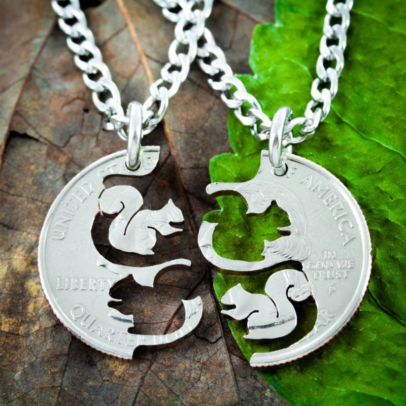 Eichhörnchen Bff Halsketten Für 2, Beste Freunde Immer, Interlocking Coin Schmuck Set, Hand Cut Quarter von NameCoins