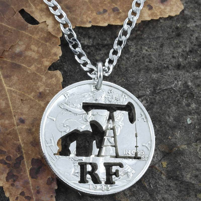 Oil Rig Halskette Mit Benutzerdefinierten Initialen, Pump Jack, Hand Cut Coin von NameCoins