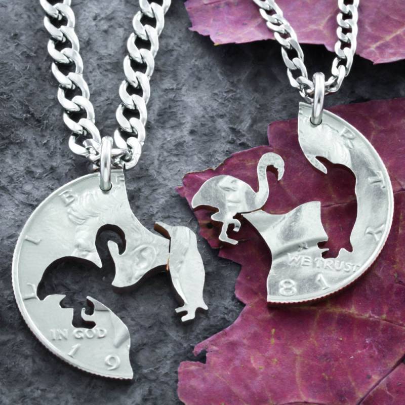 Pinguin Und Flamingo Halsketten, Beste Freunde, Ineinander Greifende Geschenke, Handgeschnittener Münzschmuck von NameCoins