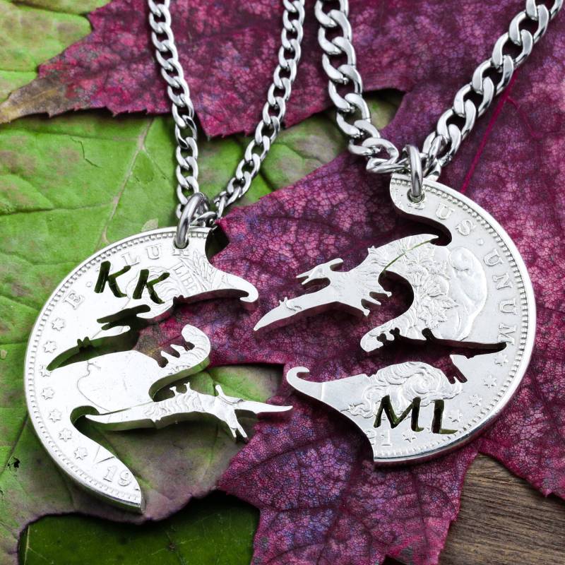 Pterodactyl Beste Freunde Geschenk Halsketten Für 2, Bff Split Set, Flugsaurier Fliegende Dinosaurier Familie, Hand Geschnittene Münze von NameCoins