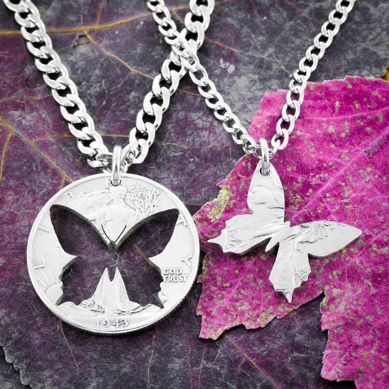 Schmetterling Beste Freunde Halsketten, Bff Geschenke, Innen - Und Außenstücke, Handgefertigtes Cut Quarter von NameCoins