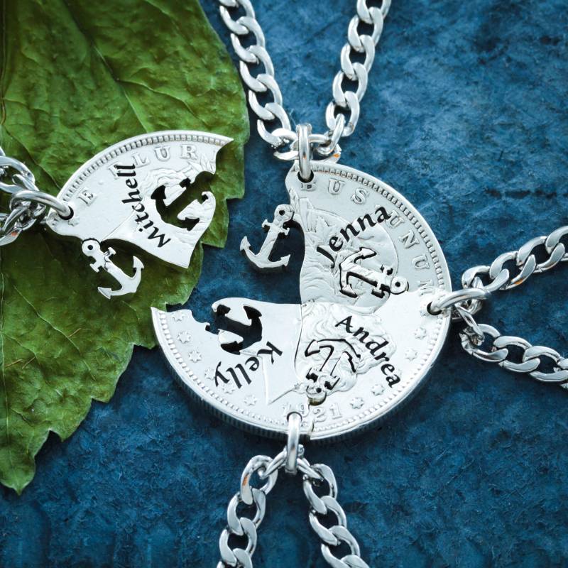 Silber 4 Beste Freunde Anker-Halsketten Mit Benutzerdefinierten Namen Auf Einer Echten Silbermünze, Familienschmuck, Bff-Geschenke Für 4 von NameCoins