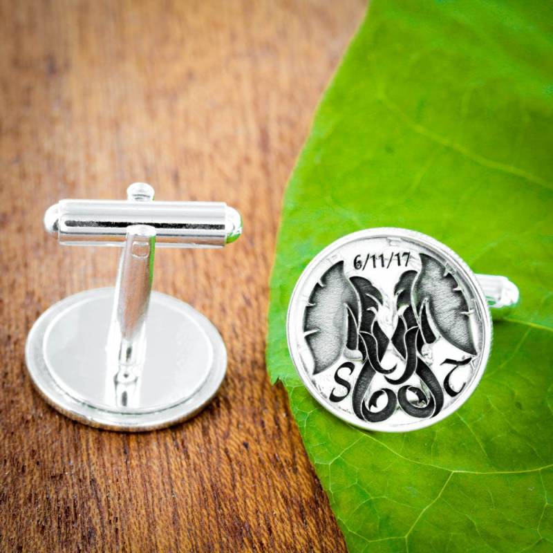 Silber Elefant Hochzeit Manschettenknöpfe Mit Benutzerdefinierten Initialen Und Datum Graviert, Jubiläumsgeschenk, Hergestellt Aus Mercury Dimes von NameCoins
