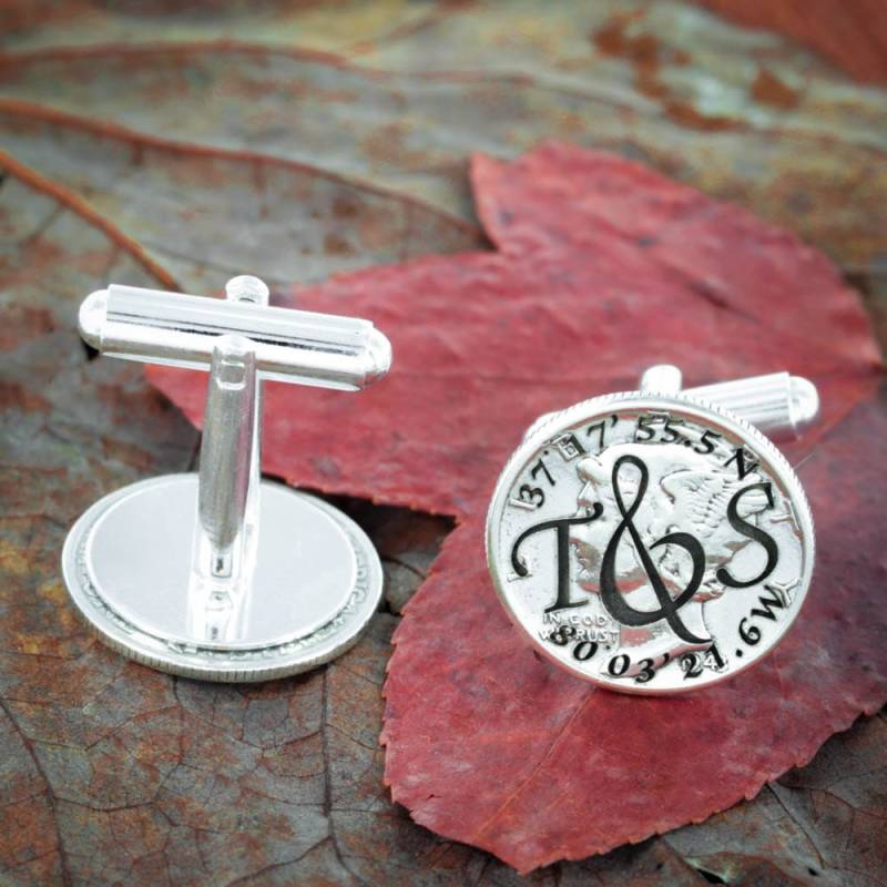 Silber Hochzeit Manschettenknöpfe, Benutzerdefinierte Initialen Und Gps-Koordinaten Graviert Mercury Dimes von NameCoins