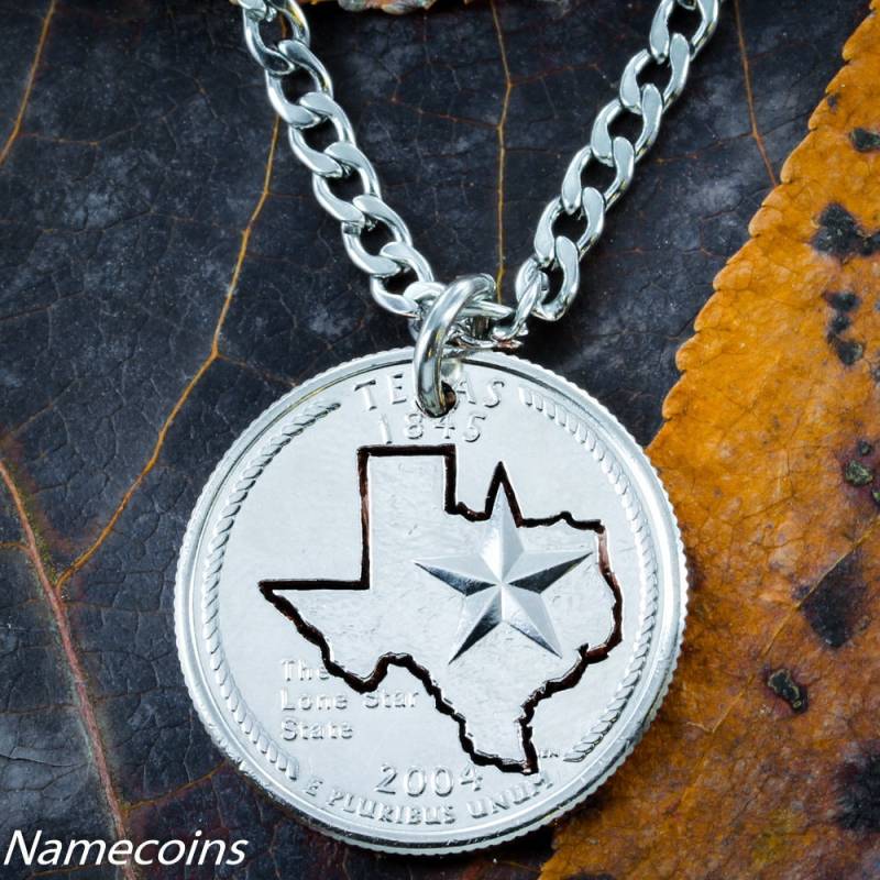 Handgeschnittene Texas Quarter Halskette State Pride Schmuck von NameCoins