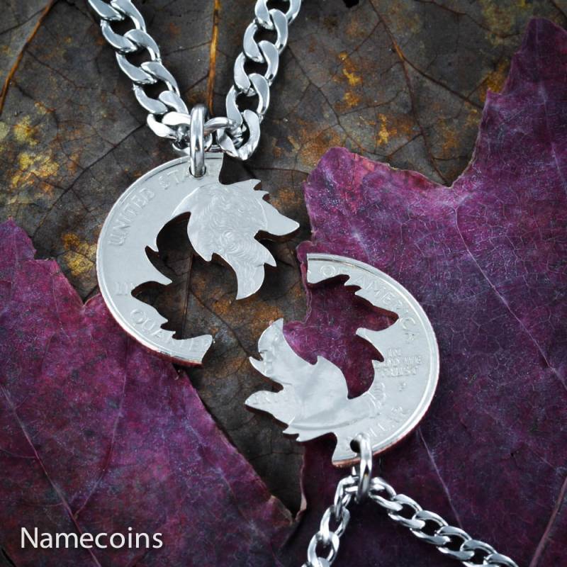 Wolf Paare Halsketten, Wölfe Schmuck, Bff Ineinandergreifendes Puzzle-Set, Aus Einem Handgeschnittenen Viertel von NameCoins