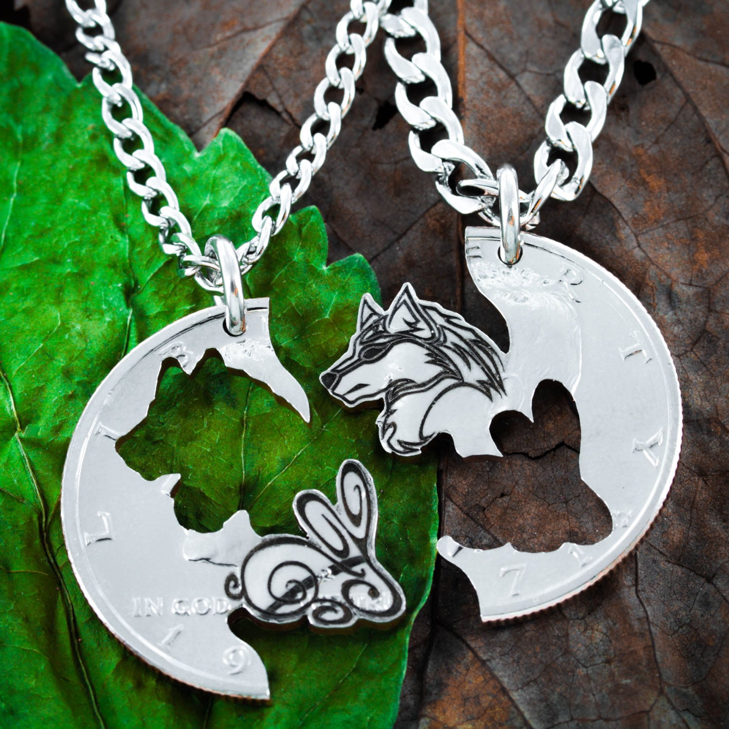 Wolf Und Kaninchen Paare Halsketten, Beziehung Schmuck Set, Bff Geschenke, Hand Cut Münze von NameCoins