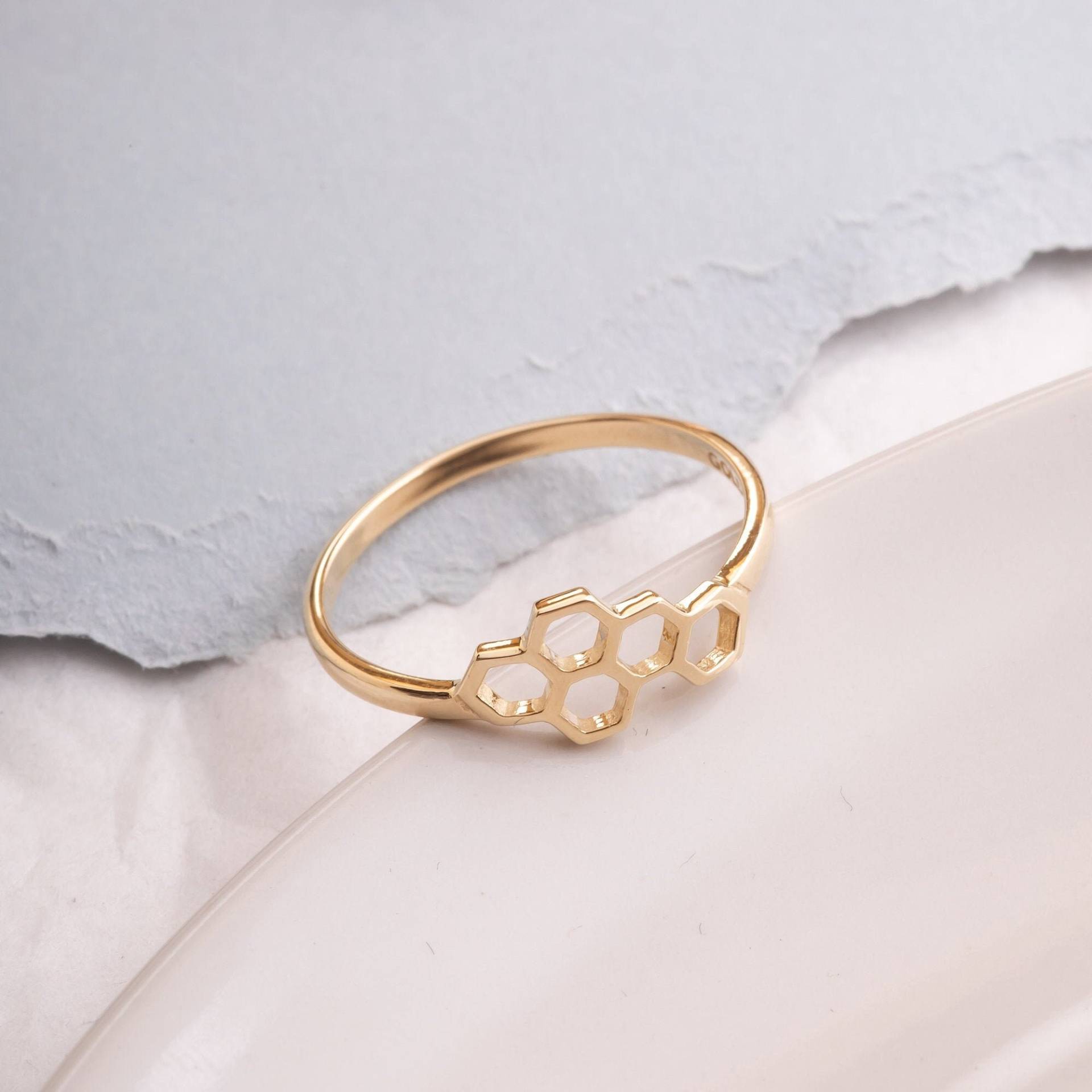 14K 18K Solid Gold Wabenring, Stapelwaben - Und Bienengoldringset Ist Ein Großes Geschenk Für Sie, Strahlender Bienenwabenschmuck, Bienenschmuck von NameJewelryGold