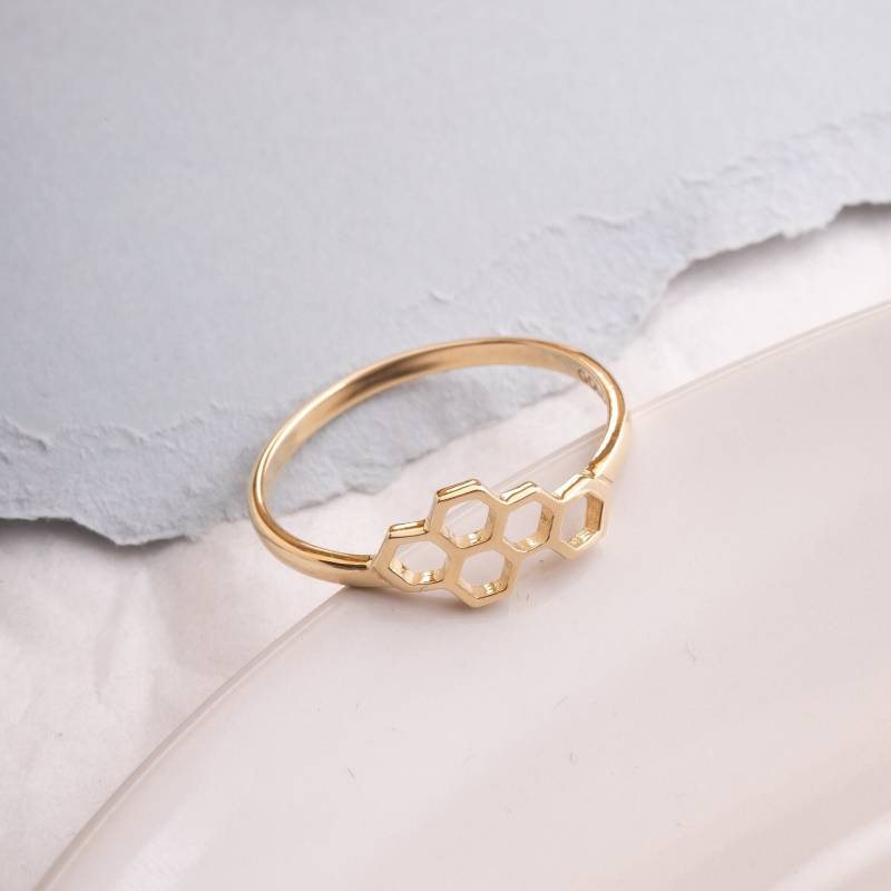 14K 18K Solid Gold Wabenring, Stapelwaben - Und Bienengoldringset Ist Ein Großes Geschenk Für Sie, Strahlender Bienenwabenschmuck, Bienenschmuck von NameJewelryGold